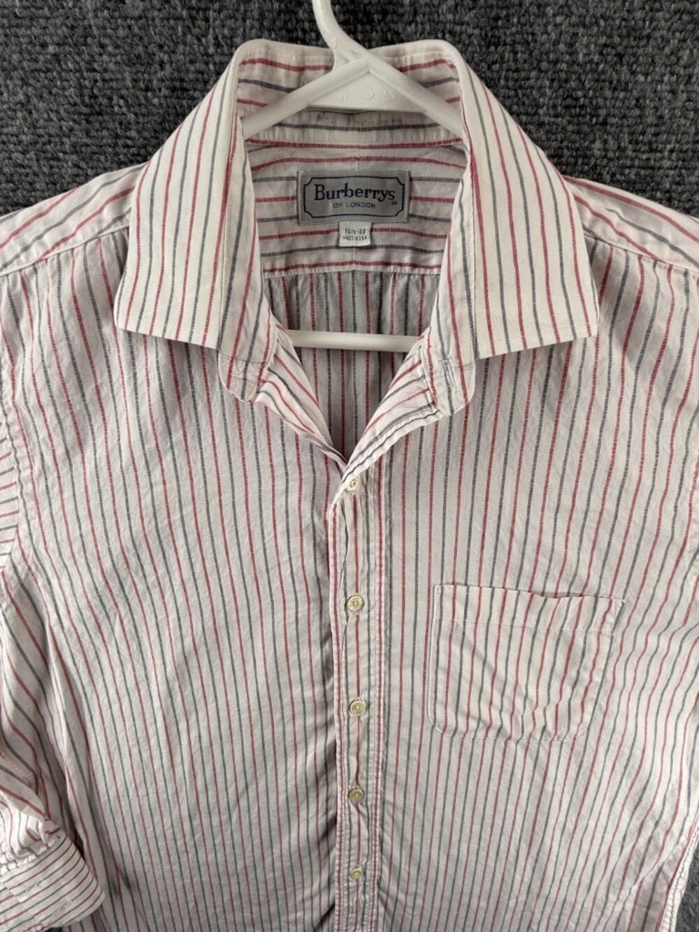 Burberry Red White Cotton 15.5 33 USA London Striped Pocket Long Sleeve Shirt